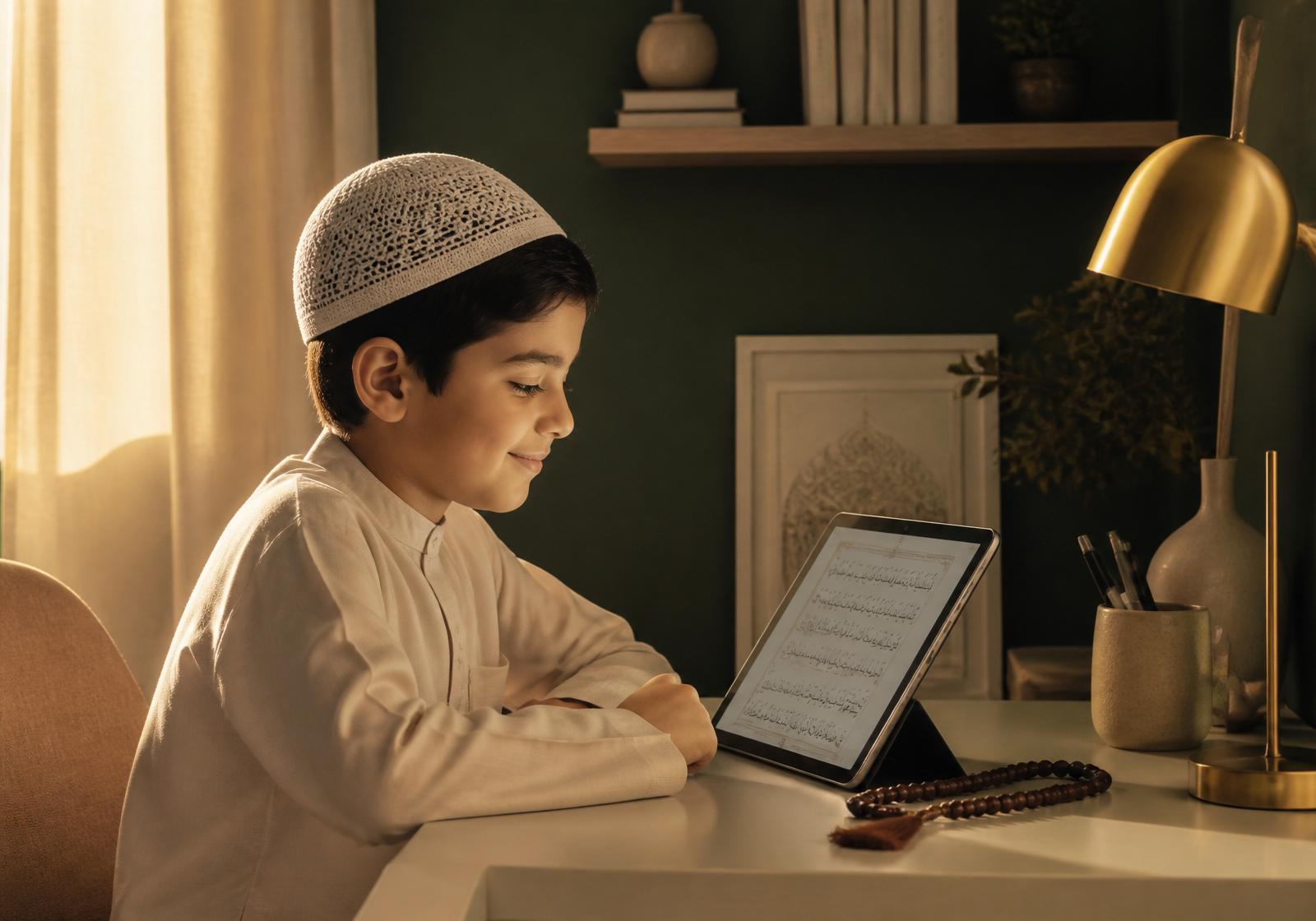 Young child smiling while reading the Quran with a warm teacher online